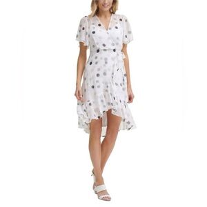 Calvin Klein White, Black & Tan Polka Dot High Low Dress. Women's Size 10